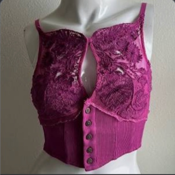 Have My Heart Tank by Free People Lace button Crop Corset Top Pink Large L - Picture 7 of 13